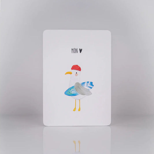 Postkarte - Möwe mit Surfbrett